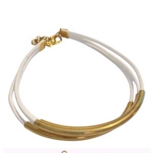 White Leather Bracelet, Stackable Leather Strand Bracelet, Gold Plated Tu…